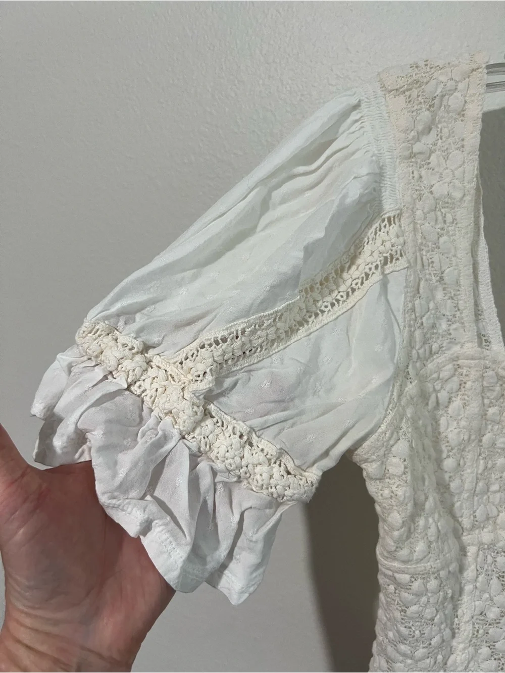 Free People Ivory Lace Square-Neck Puff Sleeve Top